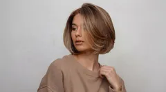 Nainen beigen sävyisessä puserossa, polkkatukka ja luonnollinen tyyli